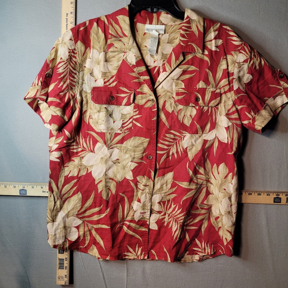 Jones New York Sport Red Linen Tropical‎ Floral Button Down Shirt Womens Large
